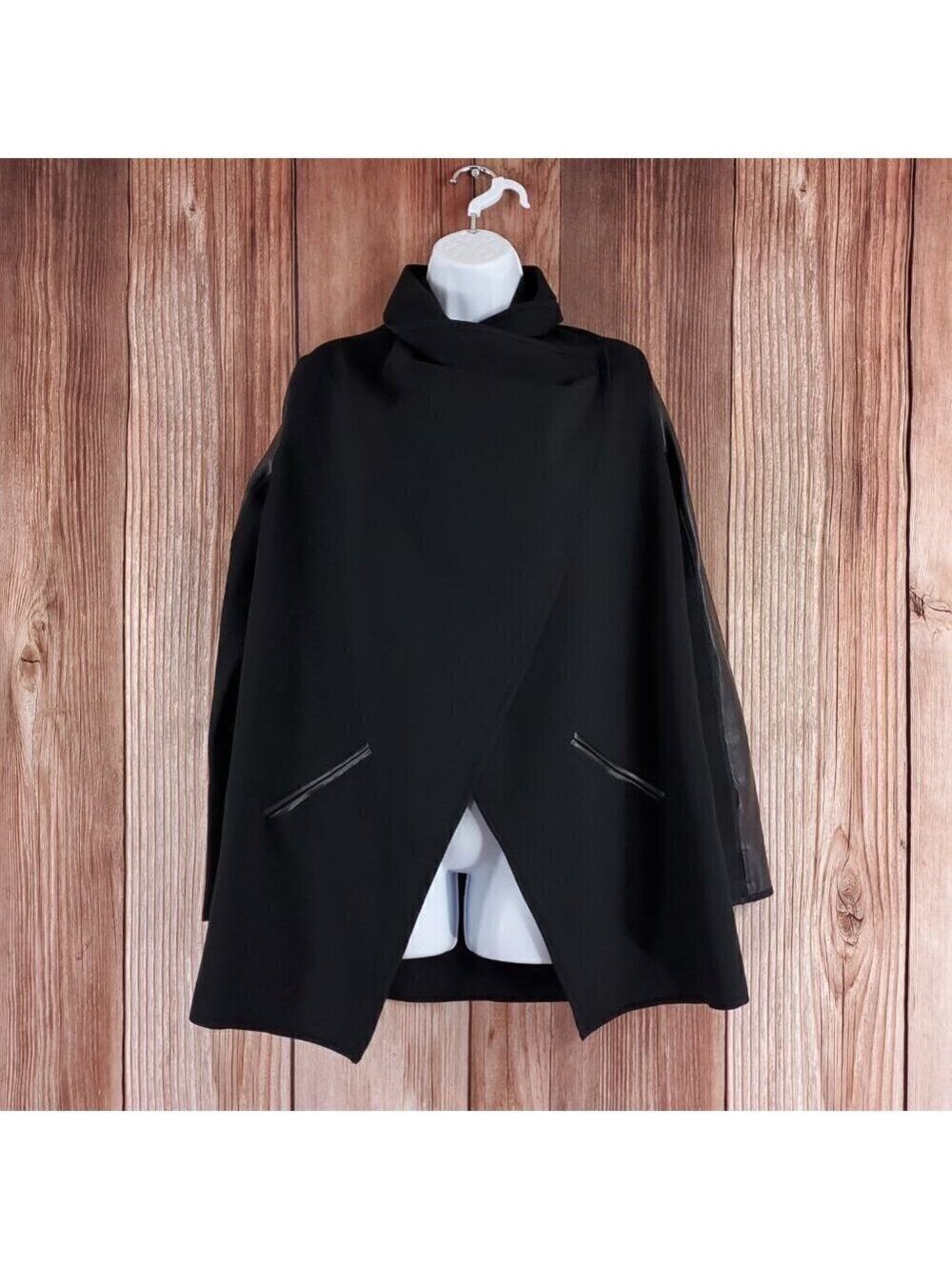 Spanx Womens Small Drape Front Jacket Very Black Convertible Faux Leather 50176R
